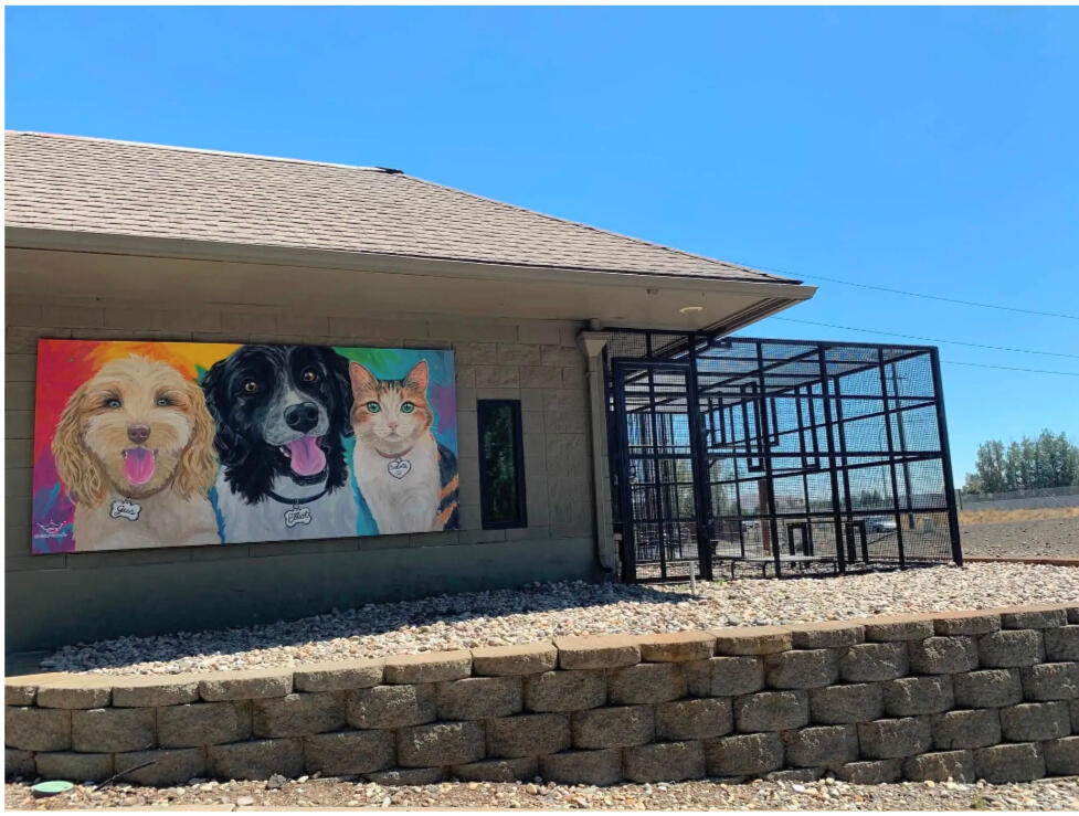 Yakima Humane Society "Paws on the Wall" 2026 Exterior Mural by Sparkle by Sylvia Sparkle by Sylvia Window Mural Painter-Artist, Yakima WA