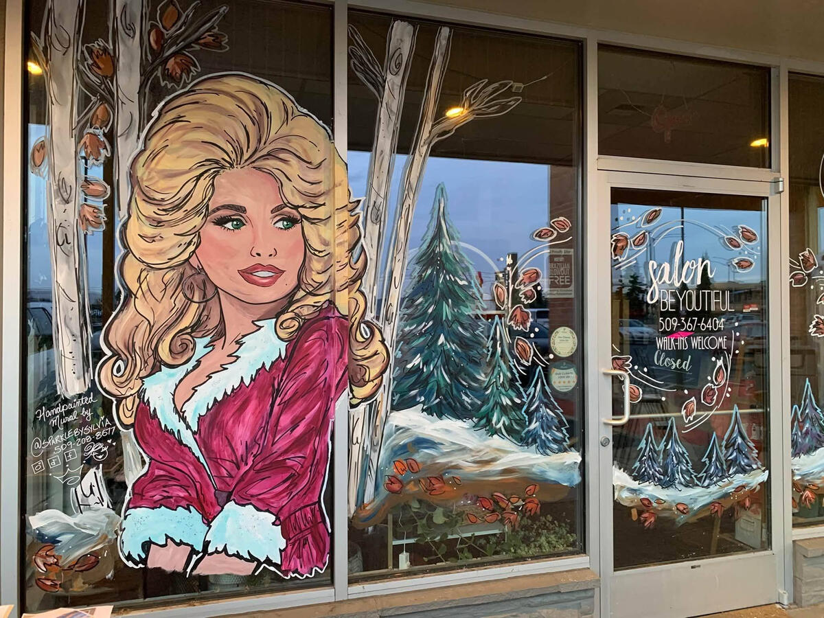 Miss Dolly Parton is updated for Fall 2026. Yakima, WA. Sparkle by Sylvia Muralist. Sparkle by Sylvia Window and Mural Painter-Artist, Yakima WA